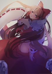 Rule 34 | 1girl, :o, arm behind back, armpit peek, ass, blue eyes, blush, bow, brown hair, butt crack, commentary request, cross-laced clothes, detached sleeves, feet out of frame, from behind, gradient background, grey background, hair bow, hair tubes, hakurei reimu, highres, long hair, looking at viewer, looking back, petticoat, red bow, red skirt, red vest, ribbon-trimmed sleeves, ribbon trim, sarashi, simple background, skirt, solo, touhou, tsushi, v-shaped eyebrows, very long hair, vest, wardrobe malfunction, wide sleeves