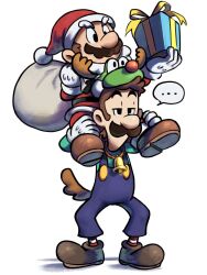 Rule 34 | ..., 2boys, alternate costume, antlers, blue overalls, boots, brothers, brown footwear, brown hair, brown tail, carrying, christmas, deer antlers, deer tail, facial hair, fake tail, full body, gift, gloves, green shirt, hat, highres, holding, holding gift, holding sack, horns, jacket, luigi, mario, mario &amp; luigi rpg, mario (series), masanori sato (style), multiple boys, mustache, nintendo, overalls, pants, piggyback, red jacket, red pants, red socks, sack, santa hat, shirt, short hair, siblings, simple background, socks, speech bubble, striped clothes, striped socks, tail, uninterested, white background, white gloves, white socks, ya mari 6363, yoshi