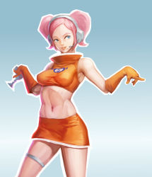 Rule 34 | 1girl, blue background, blue eyes, breasts, crop top, cypressdahlia, elbow gloves, energy gun, forehead, gloves, headphones, headset, highres, impossible clothes, impossible shirt, lips, looking to the side, medium breasts, medium hair, miniskirt, navel, nose, orange gloves, orange skirt, outline, pencil skirt, pink hair, ray gun, sega, shirt, skirt, sleeveless, solo, space channel 5, stomach, swept bangs, thigh strap, two side up, ulala, w arms, weapon