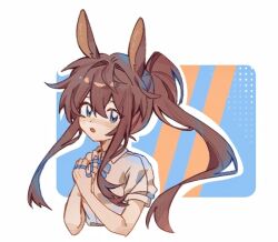 Rule 34 | 1girl, amiya (arknights), animal ears, arknights, blue bow, blue eyes, blush, bow, brown hair, brown shirt, collared shirt, commentary request, cropped torso, dress shirt, hair between eyes, hands up, jewelry, long hair, looking at viewer, own hands together, parted lips, ponytail, rabbit ears, ring, shirt, sidelocks, simple background, solo, upper body, very long hair, wanniangugulanxiang, white background