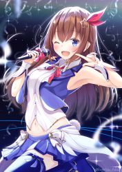 Rule 34 | 1girl, absurdres, artist name, blue eyes, blue skirt, blush, breasts, brown hair, eyebrows, highres, holding, holding microphone, hololive, kugatsu tooka, long hair, medium breasts, microphone, navel, one eye closed, open mouth, pointing, pointing at self, ribbon, skirt, solo, tokino sora, tokino sora (1st costume), virtual youtuber