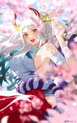 Rule 34 | 1girl, ahoge, akmn, bandaged arm, bandages, bandaid, bandaid on cheek, bandaid on face, blurry, blurry foreground, breasts, cherry blossoms, cowboy shot, cuffs, curled horns, day, earrings, floating, flower, green hair, hair ornament, hair stick, hakama, highres, hip vent, horns, japanese clothes, jewelry, kimono, large breasts, light blush, long hair, looking at viewer, multicolored hair, multicolored horns, one piece, oni, open mouth, orange horns, outdoors, pink flower, red hakama, red horns, rope, see-through silhouette, shackles, shimenawa, sideboob, sleeveless, sleeveless kimono, smile, solo, twitter username, very long hair, white hair, wind, yamato (one piece), yellow eyes, yellow horns