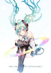 Rule 34 | 1girl, bad id, bad pixiv id, boots, character name, detached sleeves, floating hair, green eyes, green hair, hatsune miku, headset, highres, long hair, matching hair/eyes, necktie, sazanami shione, skirt, smile, solo, thigh boots, thighhighs, twintails, very long hair, vocaloid