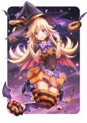 Rule 34 | 1girl, ankle boots, bai linqin, bakemonogatari, bat wings, belt, blonde hair, boots, bracelet, cape, clenched teeth, double v, doughnut, dress, food, french cruller, grimace, halloween, halloween costume, hat, hat ribbon, highres, jewelry, jumping, kiss-shot acerola-orion heart-under-blade, layered dress, long hair, looking at viewer, macaron, monogatari (series), oshino shinobu, pon de ring, revision, ribbon, rounded corners, solo, star (symbol), starry background, striped clothes, striped thighhighs, teeth, thighhighs, v, wings, witch hat, yellow eyes