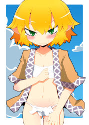 Rule 34 | 1girl, 221 (tsutsuichi), blonde hair, blue sky, blush, breasts, brown jacket, closed mouth, cloud, commentary request, cowboy shot, frown, fundoshi, green eyes, hair between eyes, jacket, japanese clothes, looking at viewer, mizuhashi parsee, multicolored clothes, multicolored jacket, navel, open clothes, open jacket, pointy ears, sarashi, short hair, short sleeves, sky, small breasts, solo, tearing up, touhou