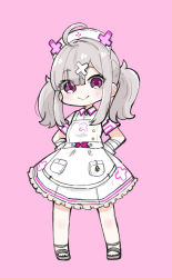 Rule 34 | 1girl, ahoge, bandaged arm, bandages, chibi, collared dress, commentary request, dress, eyes visible through hair, frilled dress, frills, full body, grey footwear, grey hair, hair ornament, hair over one eye, hands on own hips, hat, long hair, looking at viewer, nijisanji, nozo (hitomiz), nurse, nurse cap, pink background, purple eyes, sandals, short sleeves, simple background, solo, standing, sukoya kana, twintails, virtual youtuber, white dress, white hat, x hair ornament