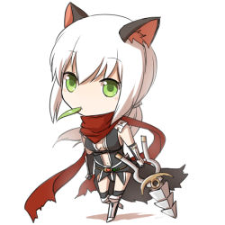 Rule 34 | 1girl, animal ear fluff, animal ears, armor, armored boots, assassin cross (ragnarok online), black cape, black gloves, black leotard, black socks, boots, breasts, cape, cat ears, chibi, closed mouth, commentary request, dagger, elbow gloves, full body, gloves, green eyes, high heel boots, high heels, holding, holding dagger, holding knife, holding weapon, jamadhar, kneehighs, knife, leaf, leotard, long hair, looking at viewer, medium breasts, mouth hold, natsuya (kuttuki), navel, pauldrons, ragnarok online, red scarf, revealing clothes, scarf, shoulder armor, simple background, socks, solo, stalk in mouth, torn cape, torn clothes, torn scarf, vambraces, waist cape, weapon, white background, white hair