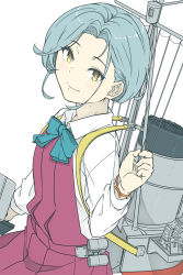 Rule 34 | 1girl, aqua bow, aqua bowtie, bow, bowtie, dress, forehead, grey hair, halterneck, highres, kantai collection, looking at viewer, machinery, mole, mole on neck, ninimo nimo, pleated dress, purple dress, school uniform, shirt, short hair, simple background, solo, swept bangs, tamanami (kancolle), white background, white shirt