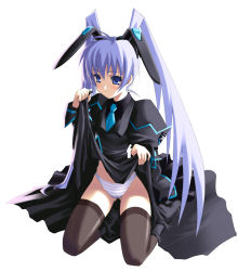Rule 34 | 1girl, android, animal ears, black thighhighs, blue eyes, blue hair, clothes lift, dress, dress lift, fake animal ears, matching hair/eyes, muv-luv, necktie, panties, rabbit ears, shingo (missing link), sitting, skirt, skirt lift, solo, striped clothes, striped panties, thighhighs, twintails, underwear, uniform, yashiro kasumi