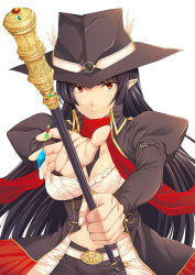 Rule 34 | 1girl, black hair, equalizer!, hat, juliet sleeves, long sleeves, looking at viewer, pointy ears, puffy sleeves, red eyes, scarf, simple background, solo, staff, tomozo kaoru, white background