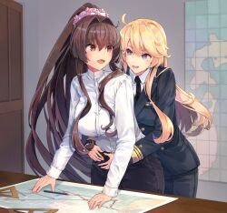 Rule 34 | 2girls, alternate costume, arms around waist, black necktie, blonde hair, blue eyes, breasts, brown hair, cherry blossoms, commentary request, green eyes, himejoshi, himeyamato, hug, hug from behind, indoors, iowa (kancolle), kantai collection, large breasts, long hair, long sleeves, map, military, military uniform, mole, mole under eye, multiple girls, necktie, ponytail, red eyes, shirt, sidelocks, smile, star-shaped pupils, star (symbol), symbol-shaped pupils, uniform, white shirt, yamato (kancolle), yuri