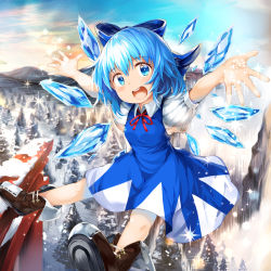 Rule 34 | 1girl, :d, arms up, bad id, bad pixiv id, blue dress, blue eyes, blue hair, blue sky, boots, bow, breasts, brown footwear, cirno, commentary request, day, dress, flying, foreshortening, forest, gradient sky, hair between eyes, hair bow, looking at viewer, mountainous horizon, nature, neck ribbon, open hands, open mouth, outdoors, outstretched arms, pinafore dress, pine tree, puffy short sleeves, puffy sleeves, red ribbon, ribbon, shirt, short hair, short sleeves, sky, sleeveless dress, small breasts, smile, snow, solo, sparkle, spread arms, spread legs, teeth, torii, touhou, tree, umagenzin, upper teeth only, white shirt, wings