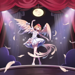 Rule 34 | 1girl, absurdres, ailu elf, arm up, bird, bird girl, bird tail, brown hair, chick, dancing, dress, feathered wings, feathers, full moon, gloves, highres, moon, niwatari kutaka, red eyes, red hair, short hair, solo, stage, stage curtains, strapless, strapless dress, tail, theater, touhou, white dress, white gloves, wings