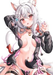 Rule 34 | 1girl, :o, absurdres, ahoge, animal ear fluff, animal ears, arm behind head, armpits, barefoot, bell, black choker, black hoodie, black panties, blush, bow, bow panties, braid, breasts, cat ears, cat girl, cat tail, choker, claw pose, collarbone, fang, fish hair ornament, grey hair, hair between eyes, hair ornament, hair over shoulder, highres, hood, hood down, hoodie, jewelry, looking at viewer, medium breasts, medium hair, nail polish, navel, neck bell, necklace, nekoya minamo, no bra, open clothes, open hoodie, open mouth, original, panties, pink bow, pink ribbon, purple nails, red eyes, red ribbon, ribbon, side-tie panties, simple background, sitting, solo, tail, tail raised, teeth, thigh strap, underwear, upper teeth only, wariza, white background