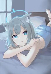 Rule 34 | 1girl, animal ear fluff, animal ears, bare arms, bare shoulders, barefoot, bed, blue archive, blue camisole, blue eyes, camisole, commentary request, crossed arms, grey hair, gucchiann, halo, highres, long hair, looking at viewer, lying, on bed, on stomach, parted lips, pillow, shiroko (blue archive), soles, solo, window