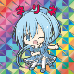 Rule 34 | 1girl, ;d, absurdly long hair, bikkuriman (style), blue bow, blue dress, blue eyes, blue footwear, blue hair, blush, book, bow, character name, chibi, dress, flower knight girl, frilled thighhighs, frills, full body, hair between eyes, hair bow, high ponytail, long hair, nerine (flower knight girl), hugging object, one eye closed, open mouth, parody, ponytail, puffy short sleeves, puffy sleeves, ri-net, shoes, short sleeves, smile, solo, standing, thighhighs, very long hair, white thighhighs