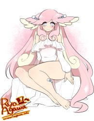 Rule 34 | 1girl, agawa ryou, animal ears, artist name, audino, bare shoulders, barefoot, blue eyes, blush, creatures (company), dress, eyes visible through hair, feet, female focus, full body, game freak, gen 5 pokemon, long hair, long sleeves, looking at viewer, nintendo, personification, pink hair, pokemon, pokemon bw, simple background, sitting, smile, solo, strapless, strapless dress, text focus, very long hair, watermark, web address, white background, white dress