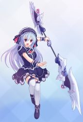 Rule 34 | 1girl, bonnet, bow, double-blade, earrings, fairy fencer f, frills, hairband, jewelry, lolita hairband, long hair, looking at viewer, open mouth, polearm, red eyes, ribbon, skirt, spear, suta (clusta), tiara (fairy fencer f), weapon, white hair