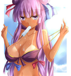 Rule 34 | 1girl, artist request, bare shoulders, bikini, breasts, cleavage, double bun, female focus, food, ice cream, jitome, large breasts, long hair, patchouli knowledge, purple eyes, purple hair, ram hachimin, solo, strap pull, swimsuit, tan, tanline, touhou, upper body