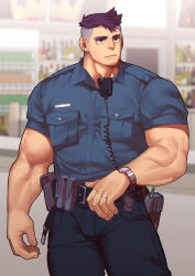 Rule 34 | 1boy, absurdres, bara, bulge, feet out of frame, highres, jewelry, large hands, looking to the side, male focus, muscular, muscular male, original, police, police uniform, policeman, purple hair, ring, short hair, sideburns, solo, standing, strongman waist, thick eyebrows, thick neck, thick thighs, thighs, ttn (239 239), uniform, watch, wristwatch