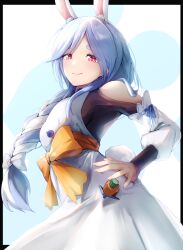 Rule 34 | 1girl, absurdres, animal ear fluff, animal ears, black bodysuit, blue hair, bodysuit, braid, braided ponytail, carrot in pocket, detached sleeves, dress, hand on own hip, highres, hirome99, hololive, looking at viewer, mature female, multicolored hair, pekomama, rabbit-shaped pupils, rabbit ears, rabbit girl, red eyes, short eyebrows, smile, solo, streaked hair, symbol-shaped pupils, virtual youtuber, white dress, white hair, white sleeves