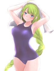Rule 34 | 1girl, alternate costume, armpits, bad id, bad pixiv id, blue eyes, blue one-piece swimsuit, blush, braid, breasts, collarbone, cowboy shot, feet out of frame, green hair, hair between eyes, highres, kantai collection, long hair, looking at viewer, medium breasts, mole, mole under mouth, old school swimsuit, one-piece swimsuit, school swimsuit, simple background, smile, solo, standing, swimsuit, thighs, tomatojiusu, towel, towel on head, very long hair, white background, yuugumo (kancolle)