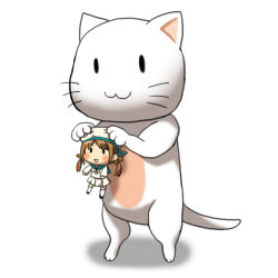 Rule 34 | 10s, 1girl, :3, batsubyou, brown hair, cat, error musume, girl holding a cat (kancolle), hat, kantai collection, norio minami, open mouth, role reversal, skirt, smile, twintails, uniform, white background