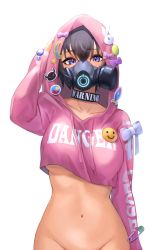 Rule 34 | 1girl, absurdres, blue eyes, bow, breasts, brown hair, choker, collarbone, cowboy shot, crop top, gas mask, groin, hair between eyes, hand on own head, highres, hood, hoodie, large breasts, lordol, mask, navel, no bra, no panties, original, out-of-frame censoring, out of frame, pin, pink bow, pink hoodie, short hair, simple background, smiley face, solo, stomach, underboob, white background