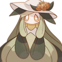 Rule 34 | 1girl, blurry, blush, bright pupils, clothed pokemon, colored sclera, colored skin, creatures (company), depth of field, female focus, flower, game freak, gen 5 pokemon, green hair, green skin, hat, hat flower, highres, leaf, lilligant, long hair, looking at viewer, monster girl, multicolored skin, nintendo, orange sclera, plant girl, pokemon, pokemon (creature), red flower, sidelocks, simple background, solo, standing, straight-on, sun hat, swept bangs, tamako (pixiv 71110817), two-tone skin, very long hair, white background, white hat, white pupils, white skin