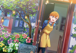 Rule 34 | 1girl, absurdres, al aoi aoba, apron, arms behind back, blue shirt, blush, bush, cafe, doorway, entrance, feet out of frame, flower, hair between eyes, highres, huge filesize, long hair, long sleeves, love live!, love live! superstar!!, manmaru (love live!), menu board, open door, open mouth, orange hair, purple eyes, shibuya kanon, shirt, smile, solo, striped clothes, striped shirt, tree