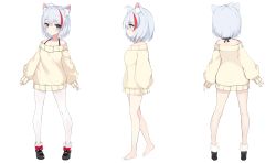 Rule 34 | 1girl, :3, absurdres, ahoge, animal ear fluff, animal ears, bare legs, bare shoulders, barefoot, beige sweater, blue eyes, blue hair, breasts, closed mouth, from behind, from side, full body, highres, light blue hair, long sleeves, multicolored hair, no pants, original, pantyhose, red hair, shoes, short hair, sleeves past wrists, streaked hair, sweater, white pantyhose, xiao dao jun