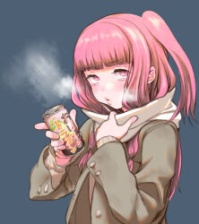 Rule 34 | 1girl, blush, breath, brown coat, can, coat, cold, commentary request, cropped, enpera, furrowed brow, grey background, hands up, highres, holding, holding can, incoming drink, kotonoha akane, lips, long hair, looking at viewer, mashima jirou, one side up, open clothes, open coat, open mouth, pink eyes, pink hair, ribbed sweater, scarf, scarf pull, shiruko (food), sidelocks, simple background, solo, sweater, translation request, upper body, upturned eyes, voiceroid, white scarf, white sweater