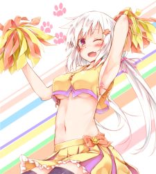 Rule 34 | 1girl, ;d, albino, animal hands, armpits, arms up, black thighhighs, blush, breasts, cheerleader, colored stripes, commentary request, cowboy shot, crop top, crop top overhang, directional arrow hair ornament, frilled skirt, frills, hair ornament, hair ribbon, hairclip, holding, long hair, looking at viewer, low twintails, medium breasts, navel, one eye closed, open mouth, original, pink ribbon, pom pom (cheerleading), red eyes, ribbon, rinrin (927413), shirt, skirt, sleeveless, sleeveless shirt, smile, solo, standing, stomach, striped, striped background, tareme, thighhighs, twintails, underboob, very long hair, white hair, yellow shirt, yellow skirt, zettai ryouiki