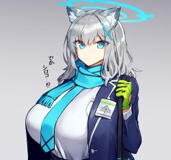 Rule 34 | 1girl, alternate breast size, animal ear fluff, animal ears, blazer, blue archive, blue eyes, blue jacket, blue scarf, breasts, cross hair ornament, eyes visible through hair, gloves, green gloves, grey hair, hair ornament, hairclip, halo, huge breasts, id card, jacket, medium hair, melon22, mismatched pupils, open clothes, open jacket, scarf, shiroko (blue archive), shirt, shirt tucked in, solo, translation request, white shirt, wolf ears