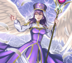 Rule 34 | 1girl, :d, angel wings, breasts, closed eyes, commentary request, dress, eremiya, feathers, fire emblem, fire emblem: new mystery of the emblem, fire emblem heroes, hat, highres, holding, holding staff, kakiko210, long dress, medium breasts, medium hair, nintendo, open mouth, purple dress, purple hair, purple hat, smile, solo, staff, white feathers, white veil, white wings, wings