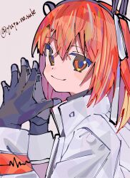 Rule 34 | 1girl, a.i. voice, adachi rei, artist name, black gloves, closed mouth, commentary, gloves, hair ornament, hair ribbon, hands up, highres, jacket, long sleeves, looking at viewer, medium hair, orange eyes, orange hair, own hands together, ribbon, simple background, smile, solo, steepled fingers, twitter username, upper body, utau, white jacket, white ribbon, yuyu no suke