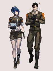Rule 34 | 1boy, 1girl, adjusting clothes, adjusting gloves, belt, black hair, blue eyes, blue hair, book, boots, breasts, collarbone, collared shirt, earrings, eyepatch, father and daughter, gloves, green shorts, heidern, highres, jewelry, leona heidern, military, military uniform, pocket, ponytail, shirt, shorts, snk, sparkle, suspenders, syachiiro, the king of fighters, triangle earrings, uniform, walking