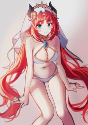 Rule 34 | 1girl, 1yu x, bare arms, bare shoulders, bikini, blue eyes, breasts, brooch, cleavage, collar, fake horns, feet out of frame, genshin impact, halterneck, highres, horns, jewelry, large breasts, long hair, looking at viewer, low twintails, multi-strapped bikini, navel, nilou (genshin impact), red hair, sitting, smile, solo, stomach, string bikini, swimsuit, thighs, twintails, unfinished, veil, very long hair, white bikini