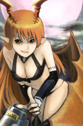 Rule 34 | 1girl, bare shoulders, bikini, breasts, cleavage, demon girl, elbow gloves, female focus, gloves, gradient background, it apollo, long hair, lord of vermilion, matching hair/eyes, orange eyes, orange hair, pointy ears, smile, solo, succubus (lord of vermilion), swimsuit, thighhighs