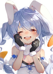 Rule 34 | 1girl, ;d, animal ear fluff, animal ears, bad id, bad twitter id, bare shoulders, black gloves, blue hair, blush, brat (brabrabrat00), breasts, carrot hair ornament, crying, crying with eyes open, detached sleeves, don-chan (usada pekora), dress, ears down, extra ears, food-themed hair ornament, fur scarf, gloves, hair ornament, highres, hololive, long hair, medium breasts, one eye closed, open mouth, puffy short sleeves, puffy sleeves, rabbit ears, rabbit girl, red eyes, short eyebrows, short sleeves, simple background, smile, solo, tears, thick eyebrows, twintails, upper body, usada pekora, usada pekora (1st costume), virtual youtuber, white background, white dress