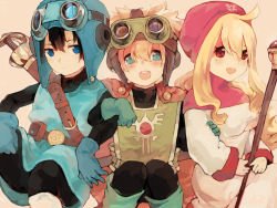 Rule 34 | 1girl, 2boys, bad id, bad pixiv id, blonde hair, breasts, cape, commentary request, curly hair, dragon quest, dragon quest ii, goggles, goggles on head, goggles on headwear, hood, long hair, multiple boys, prince of lorasia, prince of samantoria, princess of moonbrook, robe, short hair, spiked hair, staff, sword, weapon, white robe