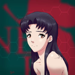 Rule 34 | 1girl, absurdres, armpits, arms at sides, bare shoulders, black hair, breasts, brown eyes, casual nudity, closed mouth, unworn clothes, collarbone, completely nude, doolio, earrings, eyelashes, female focus, from side, gainax, highres, jewelry, katsuragi misato, large breasts, leaf print, long hair, looking at viewer, neck, neon genesis evangelion, nerv, no bra, nude, parted bangs, sad, shiny skin, sideboob, standing, topless, topless frame, turning head, upper body
