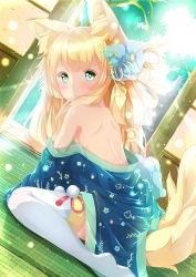 Rule 34 | 1girl, animal ear fluff, animal ears, azur lane, bare back, bare shoulders, blonde hair, blue eyes, blush, commentary request, day, dutch angle, flower, fox ears, fox tail, from behind, green eyes, hair flower, hair ornament, highres, indoors, japanese clothes, kaoru-coro, kimono, long hair, looking at viewer, multicolored eyes, niizuki (azur lane), off shoulder, shouji, shoulder blades, sidelocks, sitting, sliding doors, solo, sunlight, tail, tatami, thick eyebrows, thighhighs, wariza, white thighhighs