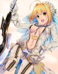 Rule 34 | 10s, 1girl, aestus estus, ahoge, belt, blonde hair, bodysuit, breasts, breasts apart, center opening, chain, dutch angle, fate/extra, fate/extra ccc, fate (series), flower, gloves, green eyes, hair intakes, hisayaki kyuu, holding, holding sword, holding weapon, lock, looking at viewer, medium breasts, navel, nero claudius (bride) (fate), nero claudius (fate), nero claudius (fate) (all), padlock, smile, solo, sword, teeth, unzipped, veil, weapon, white bodysuit, zipper