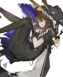 Rule 34 | 1girl, absurdres, amiya (arknights), animal ears, arknights, black dress, black gloves, black pantyhose, blue eyes, brown hair, cloak, commentary request, dress, feet out of frame, frilled hat, frills, from side, full body, gloves, hair between eyes, hair ornament, hand on own leg, hat, head tilt, highres, hood, hood down, hooded cloak, jewelry, jumbowhopper, knee up, legs up, long hair, looking at viewer, multiple rings, open mouth, pantyhose, parted bangs, rabbit ears, ring, sidelocks, simple background, sleeveless, sleeveless dress, smile, solo, swept bangs, white background, witch, witch hat