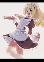 Rule 34 | 1girl, :d, absurdres, alternate costume, apron, black dress, blonde hair, blush, commentary request, creatures (company), cup, dress, enmaided, food, frilled apron, frilled dress, frills, game freak, green eyes, highres, holding, holding teapot, holding tray, knee up, letterboxed, lillie (pokemon), long sleeves, looking to the side, macaron, maid, maid apron, maid headdress, nintendo, nishizuki shino, open mouth, poke ball, poke ball (basic), pokemon, pokemon sm, ponytail, puffy sleeves, smile, solo, teacup, teapot, tray, white apron