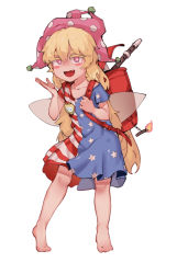 Rule 34 | 1girl, american flag dress, backpack, bad id, bad pixiv id, bag, barefoot, blonde hair, blush stickers, clownpiece, fairy wings, fang, full body, hat, highres, jester cap, looking at viewer, name tag, open mouth, pink eyes, pink hat, polka dot, randoseru, simple background, smile, solo, soya6479, standing, touhou, white background, wings