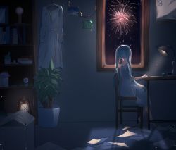 Rule 34 | 1girl, barefoot, bed, bookshelf, chair, clothes hanger, commentary, dress, fireworks, from side, hatsune miku, highres, holding, holding pen, indoors, lamp, long hair, looking away, night, nightgown, padako, paper, pen, plant, potted plant, shelf, sitting, solo, table, twintails, vocaloid, white dress, writing