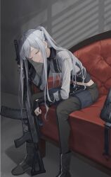 Rule 34 | 1girl, absurdres, ak-12, ak-12 (girls&#039; frontline), assault rifle, black gloves, black pants, boots, closed eyes, commentary request, couch, elbow on knee, expressionless, foot out of frame, girls&#039; frontline, gloves, grey hair, grey shirt, gun, highres, holding, holding gun, holding weapon, indoors, kalashnikov rifle, leaning forward, long hair, long sleeves, midriff, pants, partially fingerless gloves, ponytail, rifle, senkou (dwrp3257), shirt, sidelocks, sitting, solo, weapon