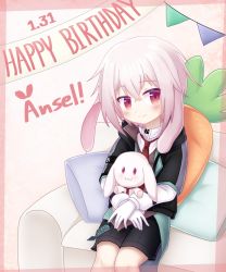 Rule 34 | 1boy, animal ears, ansel (arknights), arknights, birthday, blush, carrot, happy birthday, highres, looking at viewer, male focus, on lap, pillow, pink hair, rabbit, rabbit boy, rabbit ears, red eyes, rinzy, solo, stuffed animal, stuffed rabbit, stuffed toy, trap